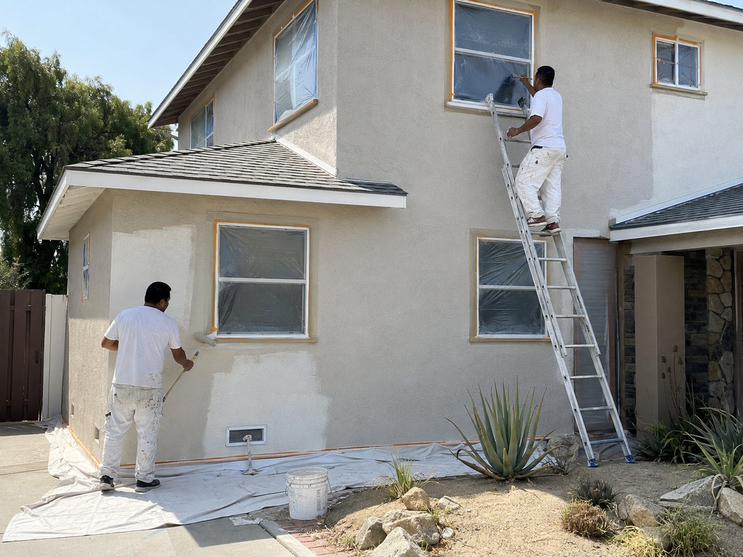 Two painters coating the stucco exterior of a two-story house